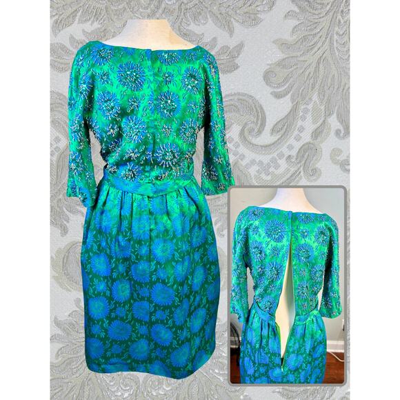 Elegant Green Floral Midi Dress vintage 60s - Picture 2 of 7